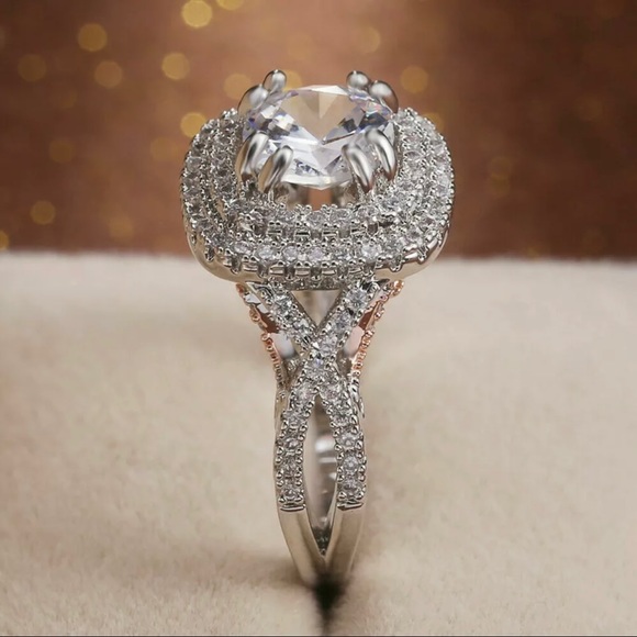 Sterling silver rose gold round cut solitaire halo wedding ring white Sapphires - Picture 8 of 11